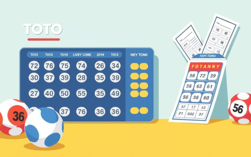 Ilustrasi permainan Judi Toto Togel dengan bola nomor dan papan hasil