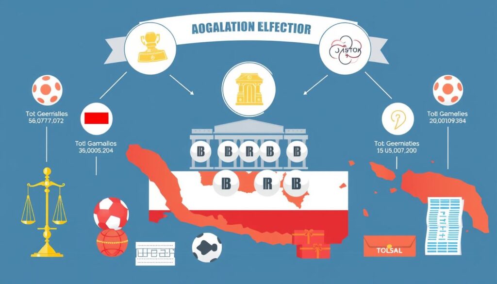 Ilustrasi status hukum Judi Toto Togel di Indonesia dengan simbol hukum