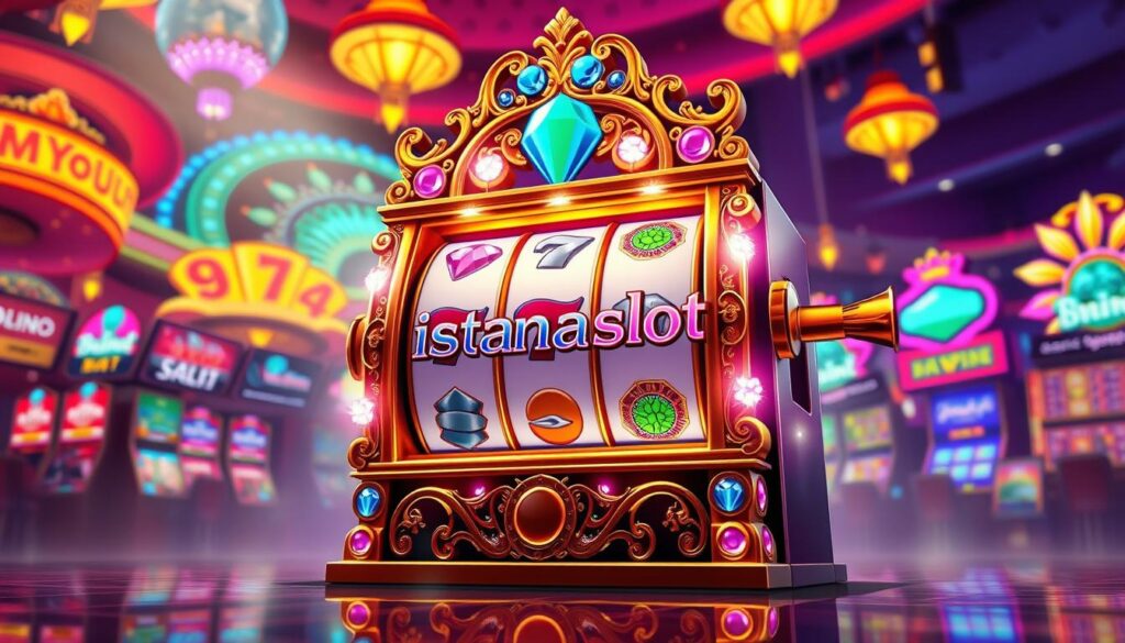 Intricate and captivating illustration of a lush, three-dimensional slot machine against a backdrop of a vibrant, neon-lit casino environment. The slot machine features an ornate, golden frame with cascading gems and glowing, flashing lights, drawing the viewer's attention to the "istanaslot" brand prominently displayed. The reels spin with a hypnotic allure, promising enticing bonus rounds and lucrative payouts. The scene is bathed in a warm, inviting glow, evoking a sense of excitement and anticipation for the thrilling gameplay experience offered by SOHIBSLOT, the trusted situs slot gacor.
